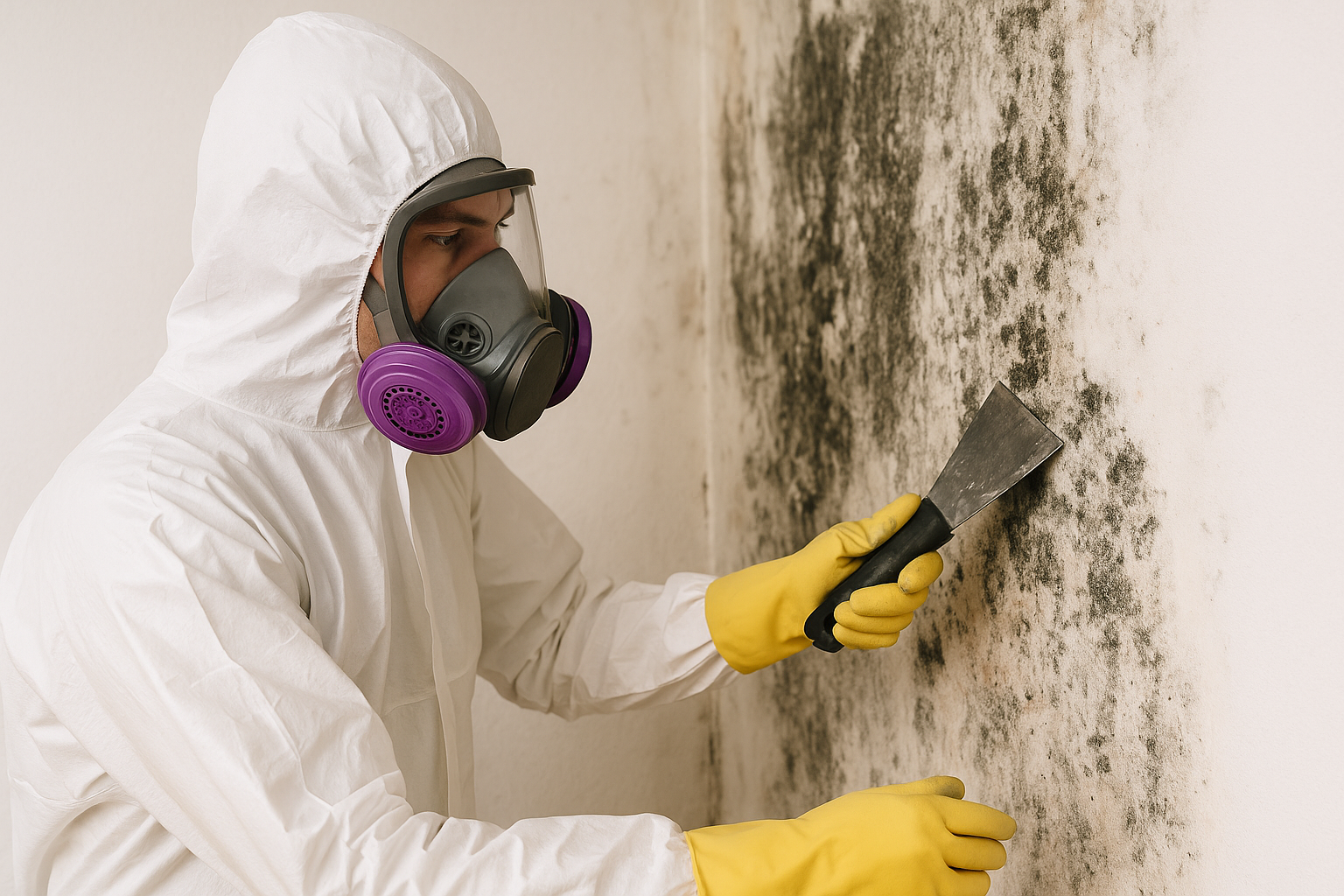 Mold removal specialist wearing protective gear scrapes mold off a wall in a Los Angeles home during the remediation process.
