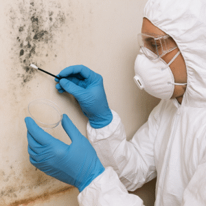 A certified mold inspector in protective gear collects a mold sample from a wall surface in a Los Angeles home for professional testing and analysis.