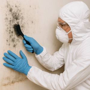 A professional mold remediation technician wearing protective gear cleans mold off a wall surface in a Los Angeles home using specialized equipment.